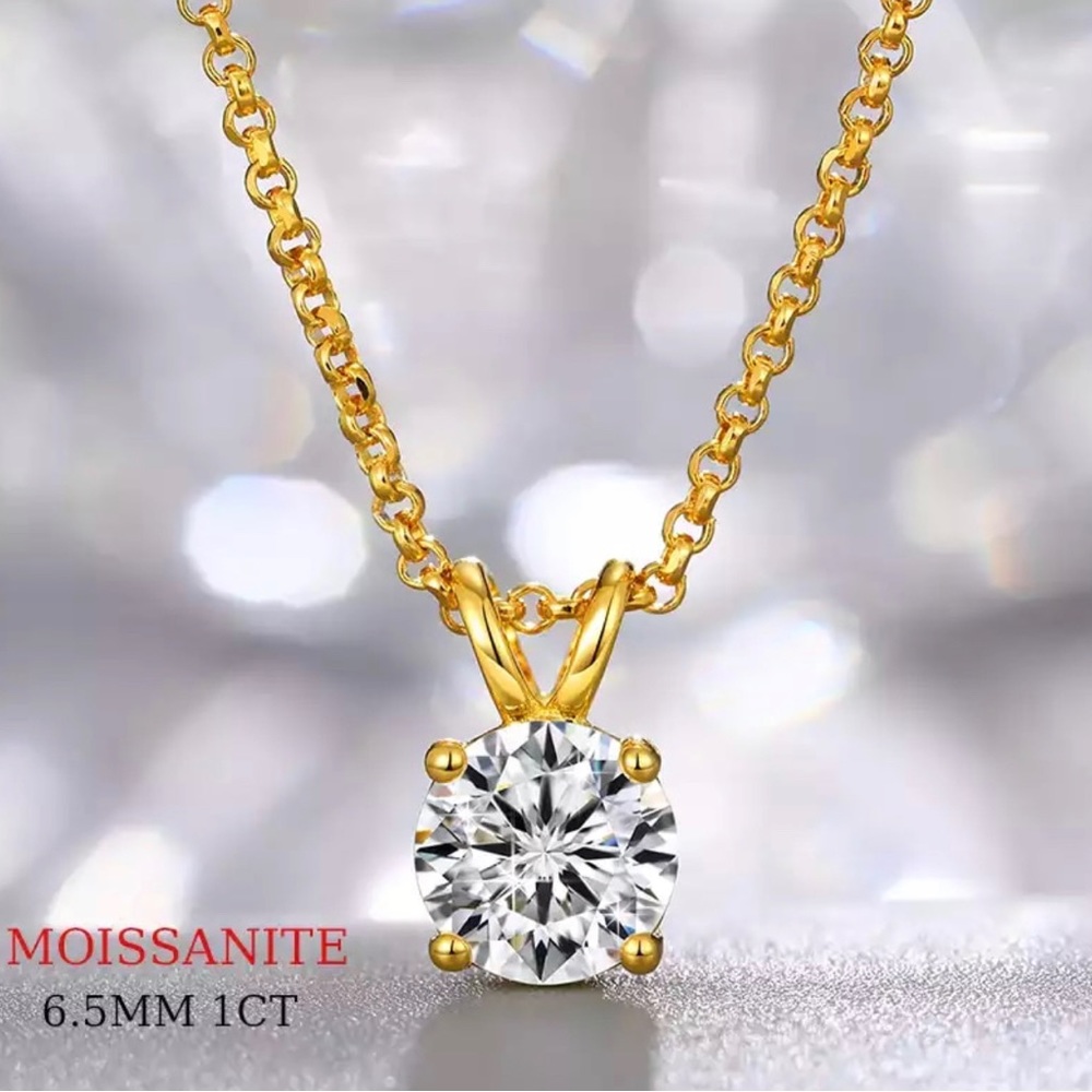 14k Gold Plated 6.5mm 1CT Moissanite Necklace For Woman Pendant 925 Silver